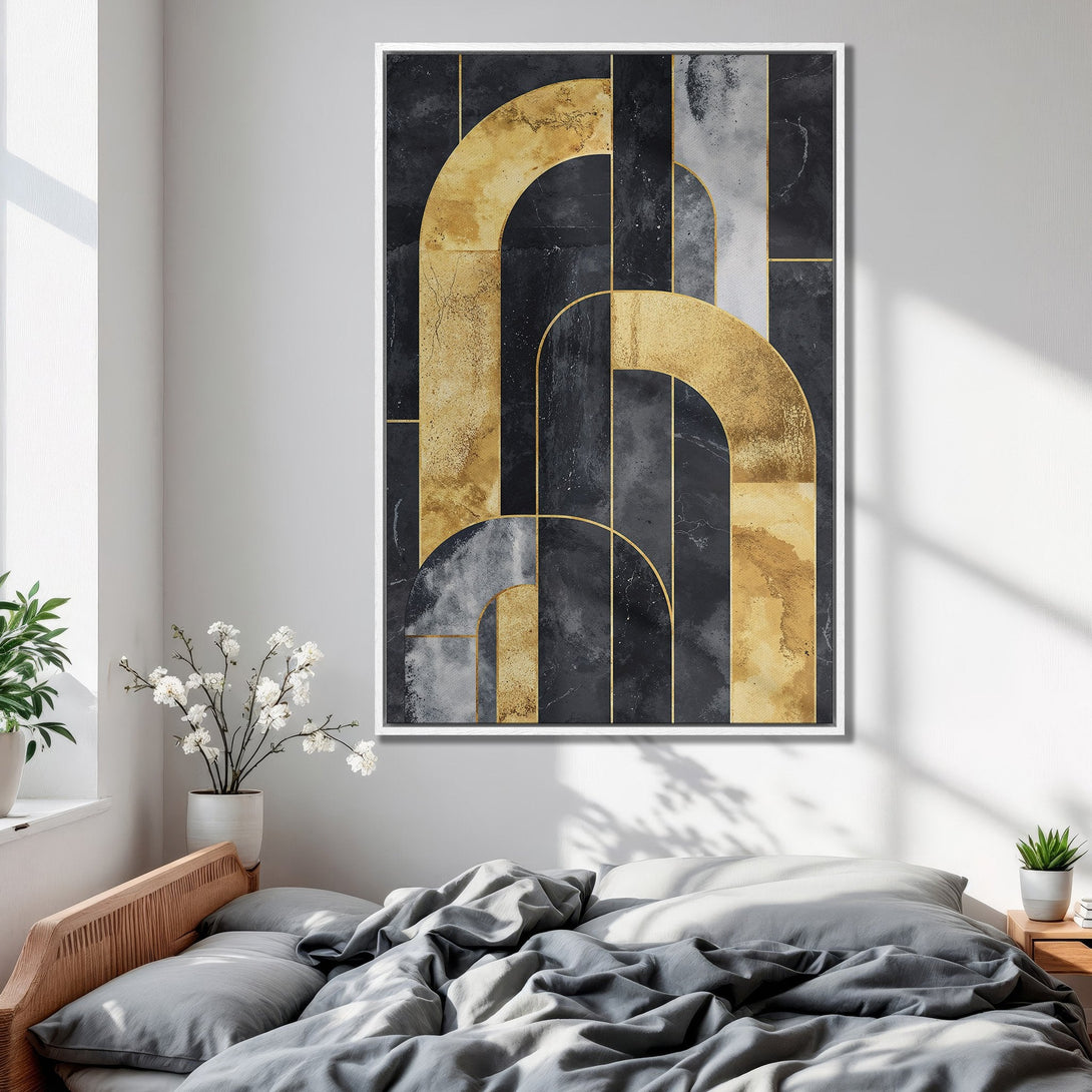 Framed Wall Art: Abstract geometric art in black, gold, and gray. Modern canvas print adds a touch of luxury to any bedroom decor. Shop now!