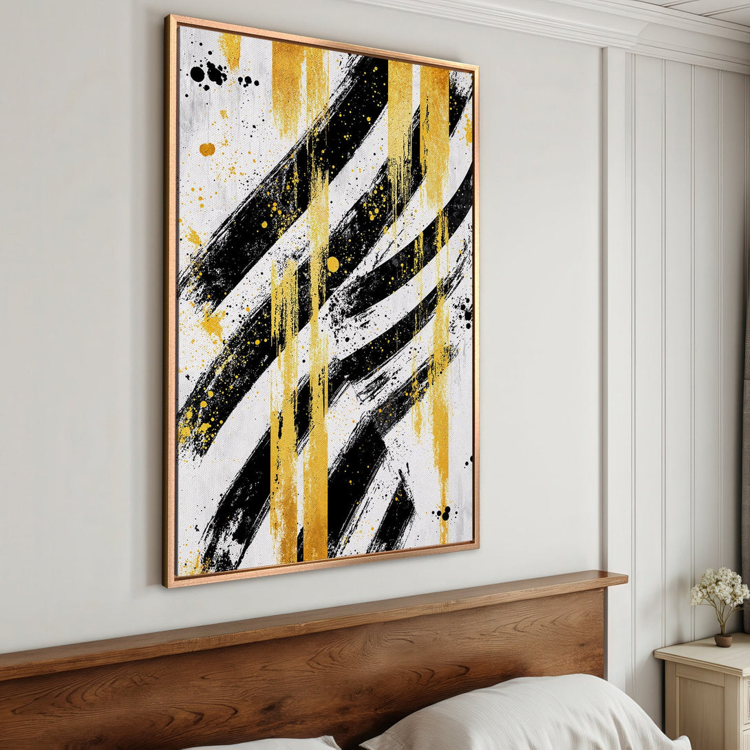 Framed Wall Art: Abstract black, gold, and white brushstroke painting. Modern art canvas print for bedroom decor. Add a touch of luxury to your space.