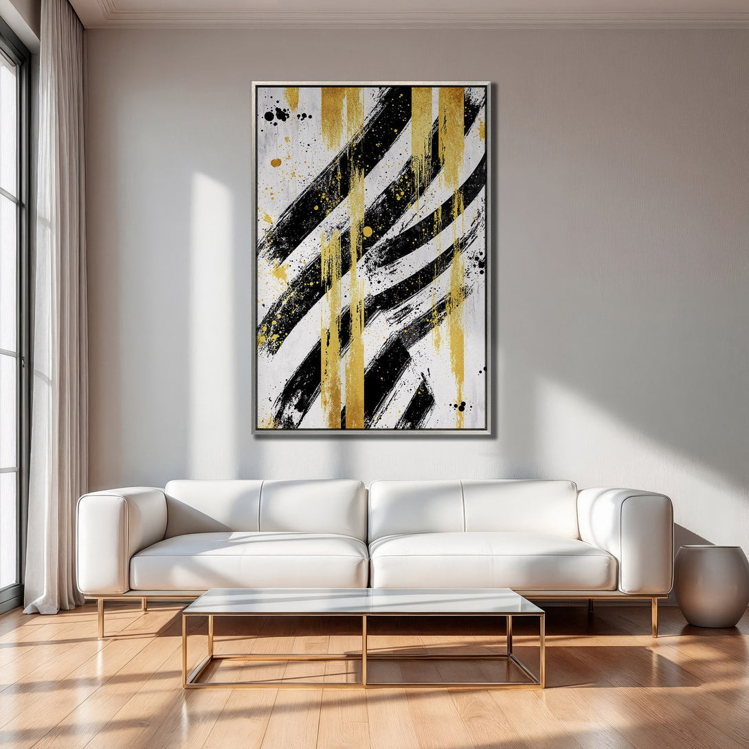 Framed Wall Art: Abstract black & gold brushstroke design. Modern canvas print in a minimalist interior, perfect for adding a touch of luxury.