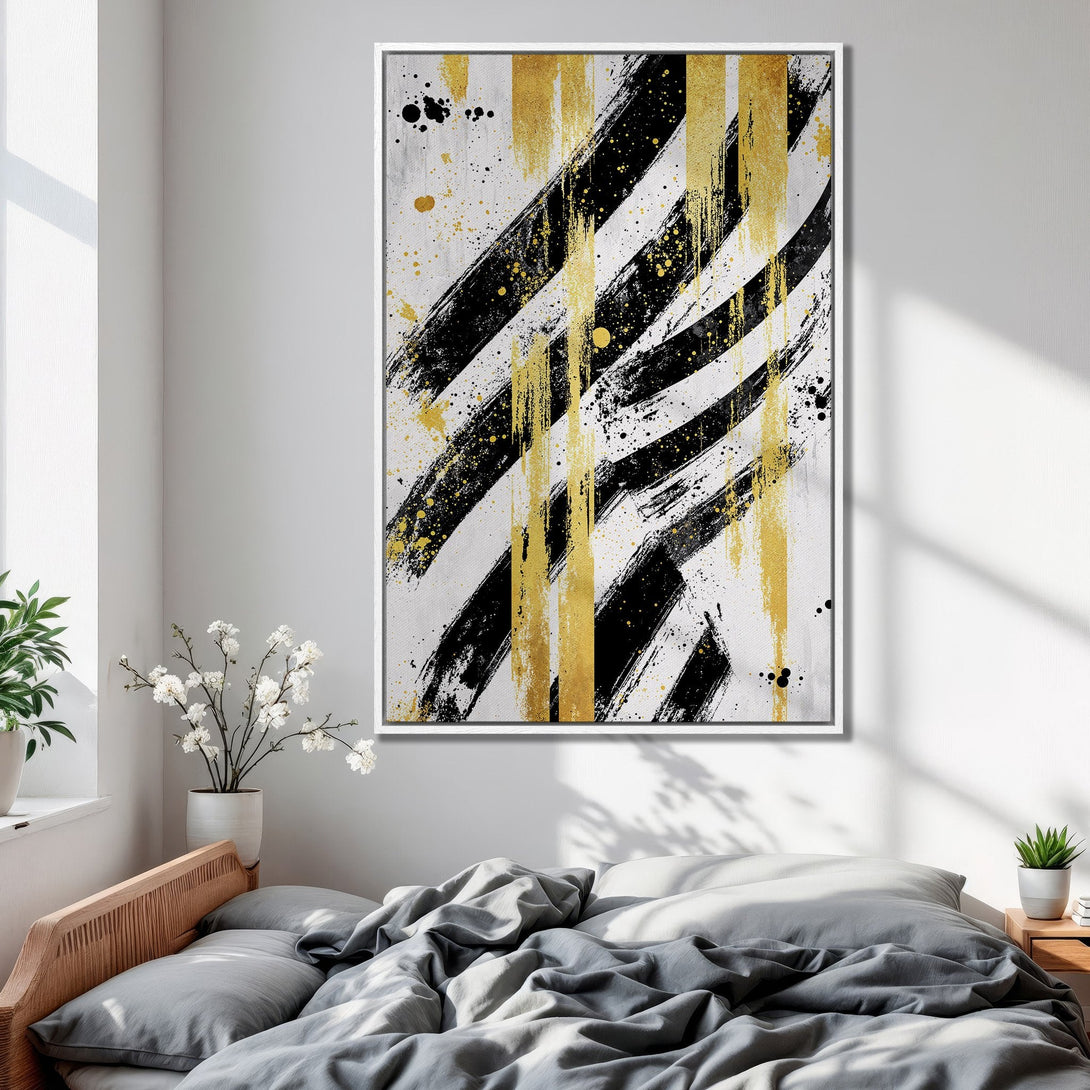 Framed Wall Art: Abstract black, gold, and white brushstroke design. Modern art canvas print adds a stylish touch to any bedroom decor.