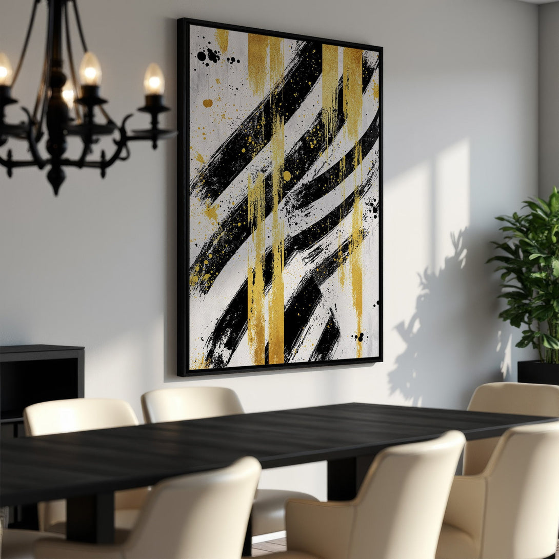 Framed Wall Art: Abstract gold, black, and white brushstroke design. Modern art canvas print adds a stylish touch to any dining room or living space.
