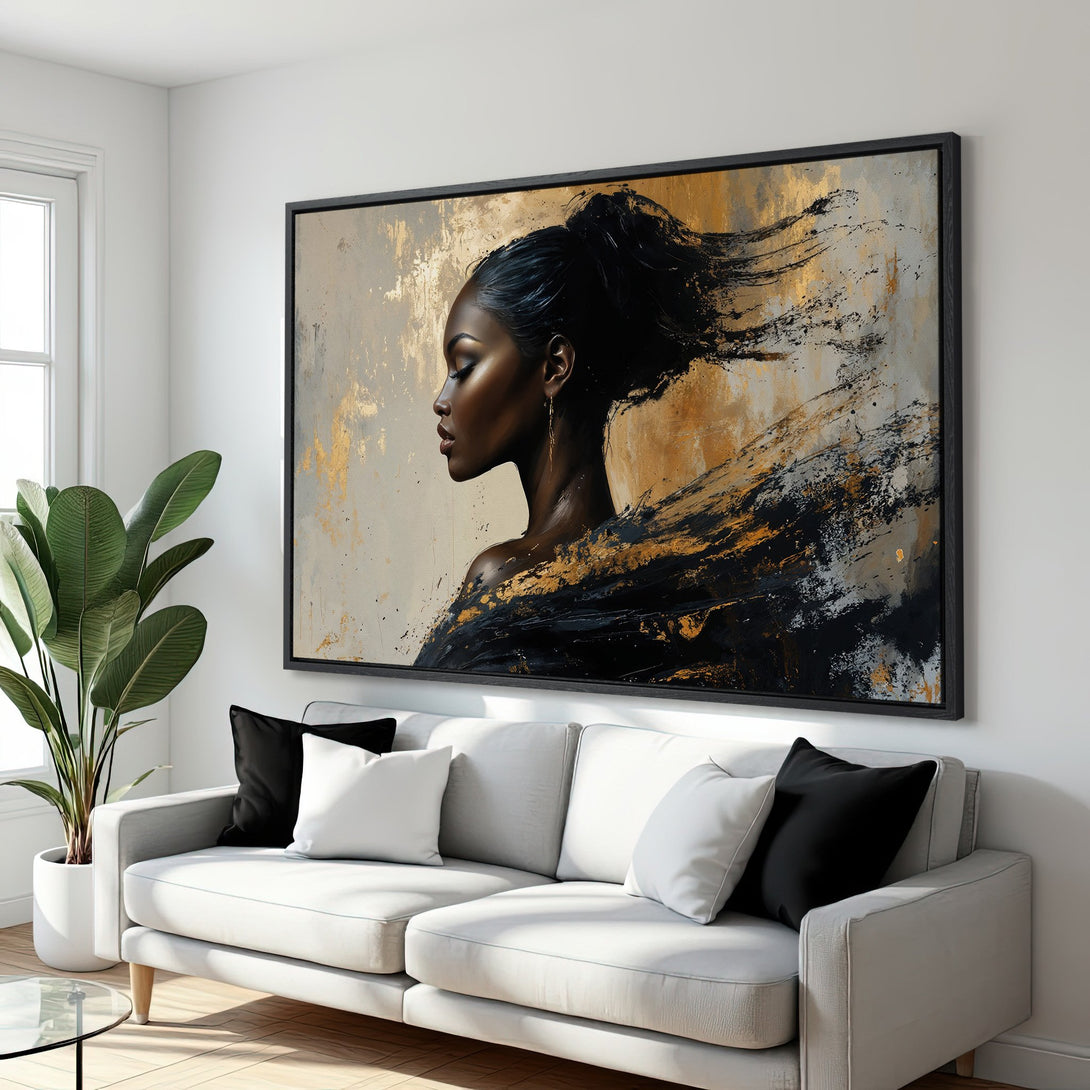 Framed Wall Art: Abstract portrait of a woman in black, gold, and neutral tones. Modern art canvas print perfect for living room decor.