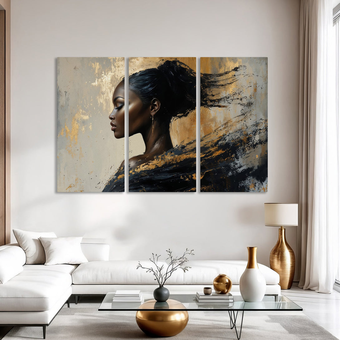 Canvas Print of an elegant Black woman in profile, abstract style with gold, black, and neutral tones. Modern wall art for your home.