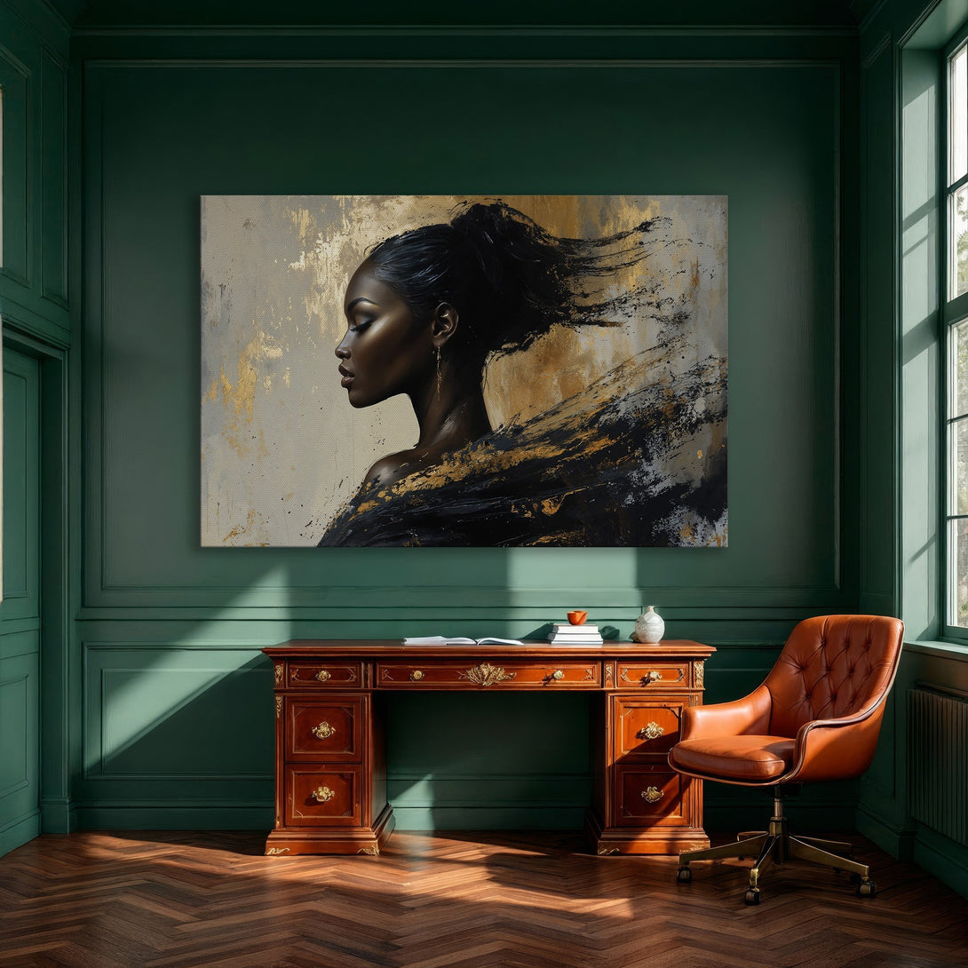 Framed Wall Art: Abstract portrait of a woman in gold, black, and beige. Modern art for elegant home decor.