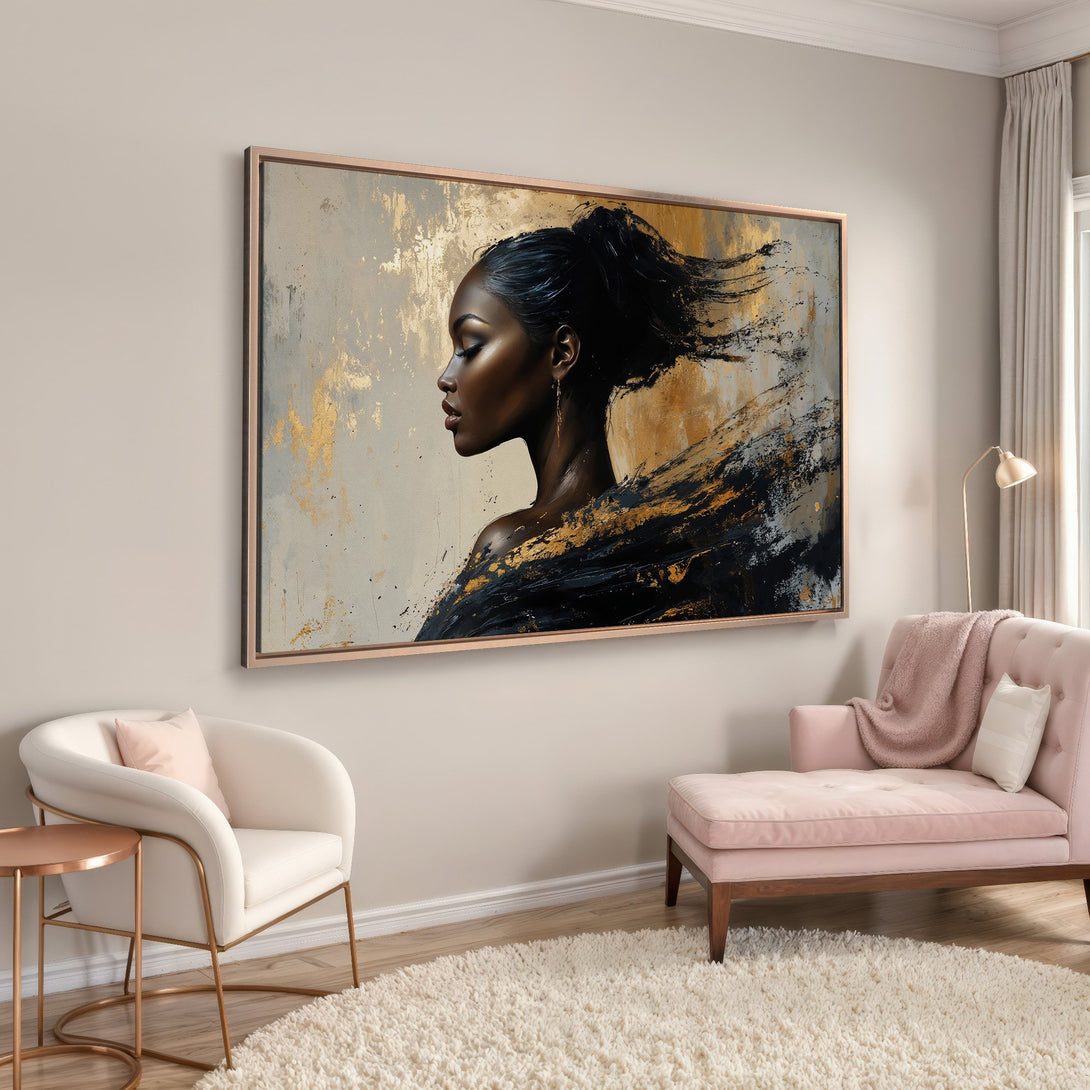 Framed Wall Art: Abstract portrait of a Black woman with gold accents. Modern art in a neutral color palette, perfect for home decor.