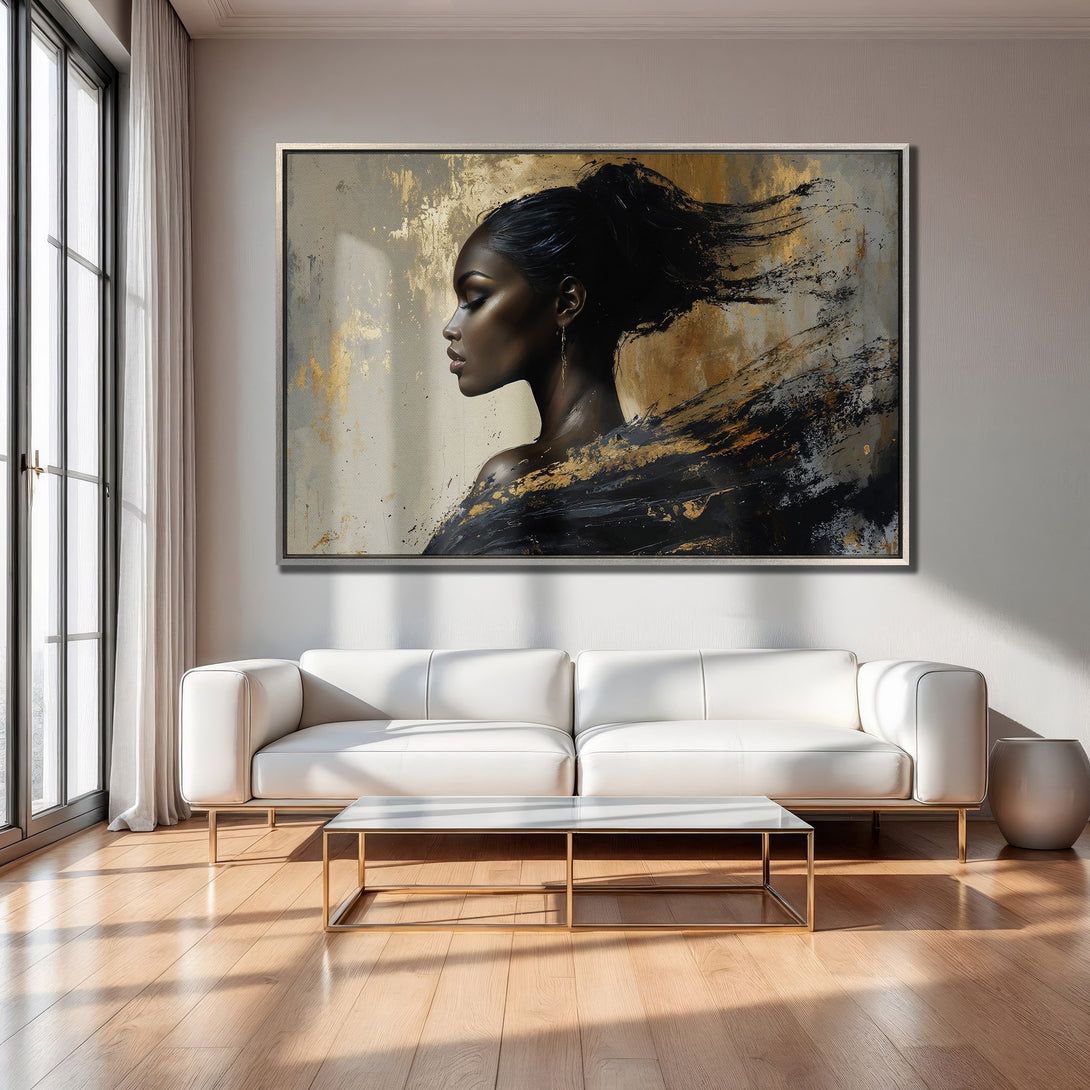 Framed Wall Art of a woman in profile, abstract style, black & gold palette. Modern canvas print for your living room decor.