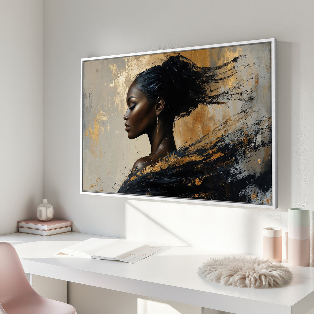 Framed Wall Art: Abstract portrait of a woman in black and gold. Modern art canvas print with neutral, warm color palette. Perfect wall decor.