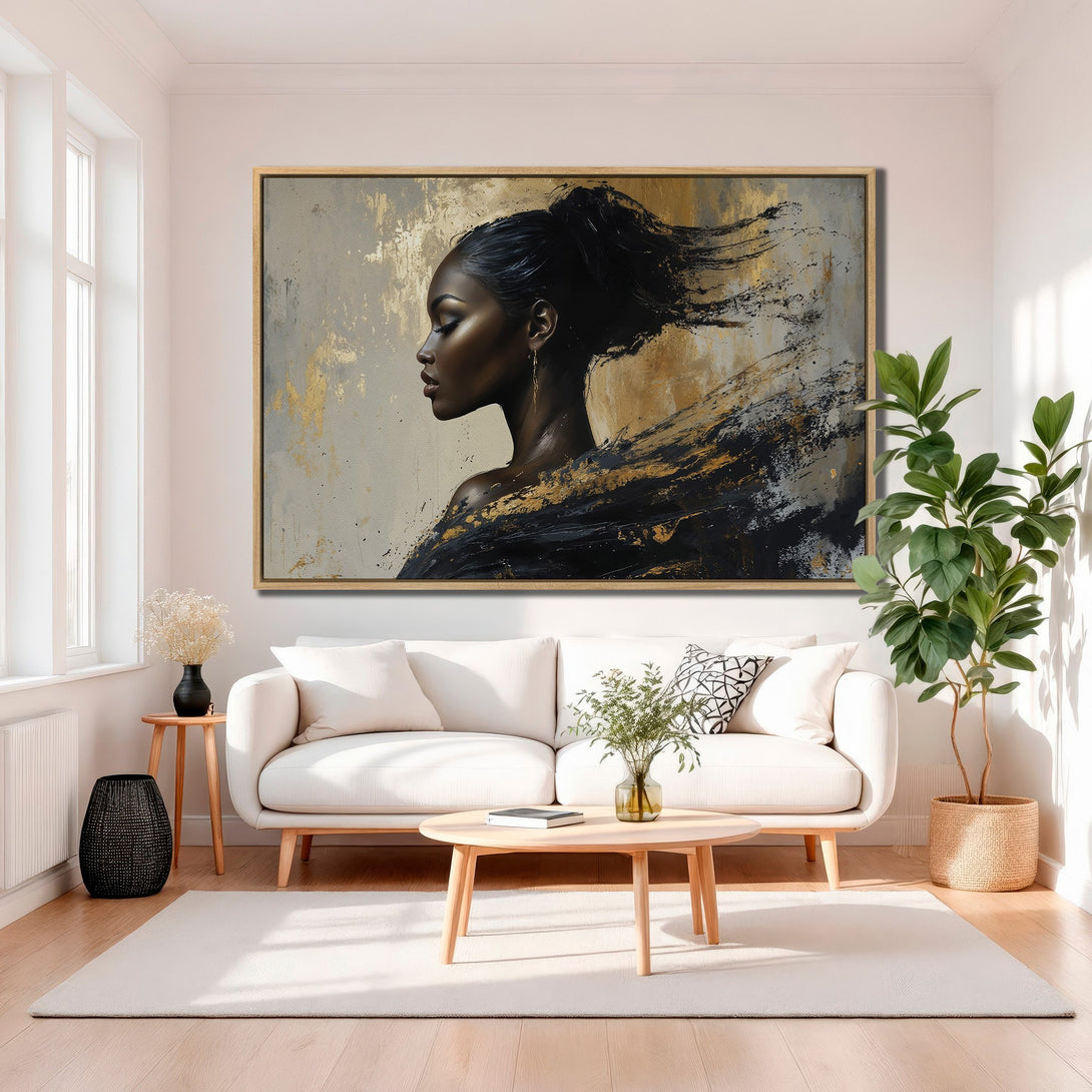 Framed Wall Art featuring a woman in profile, abstract style with gold, black, and neutral tones. Elevate your space with this stunning canvas print!