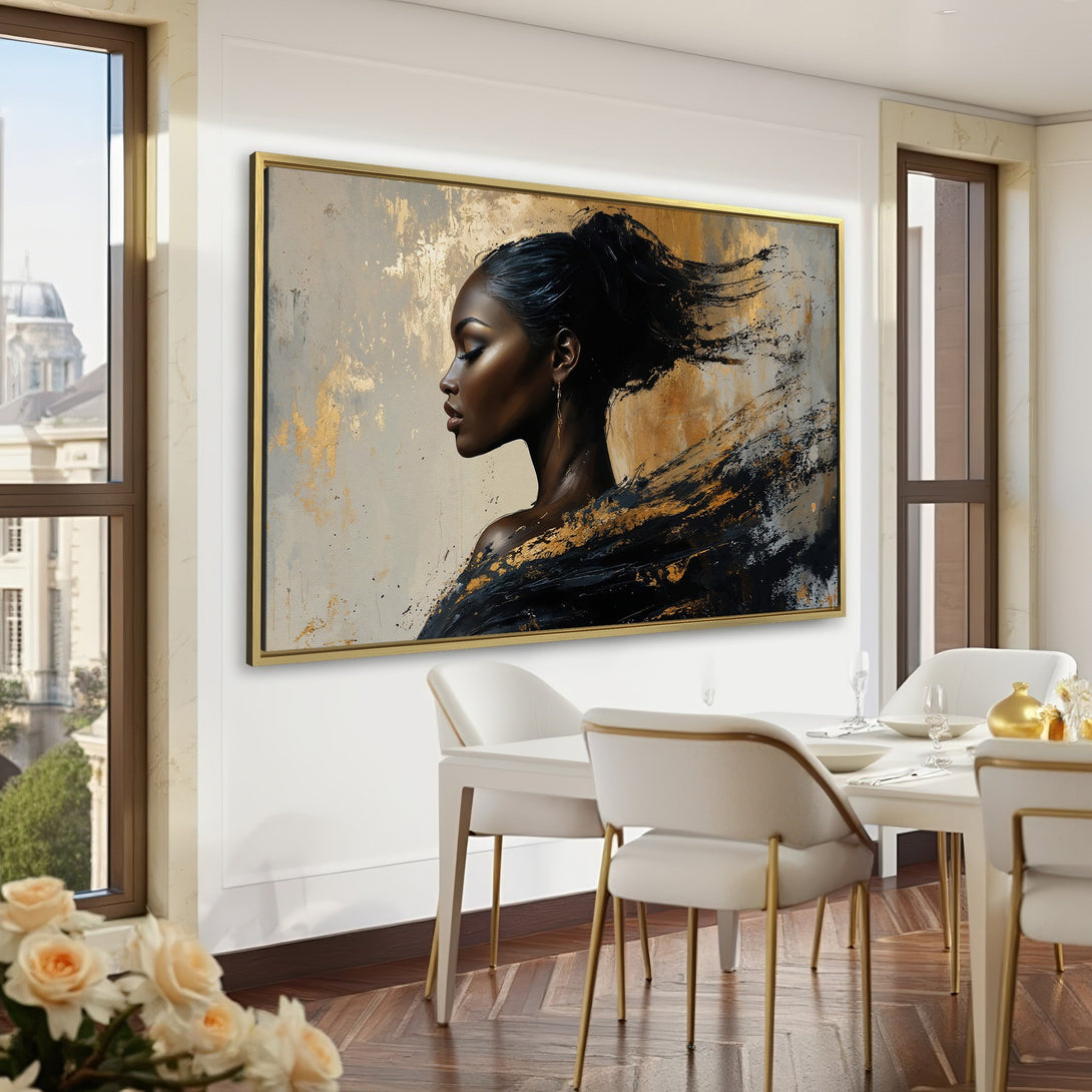 Canvas Print of a Black woman in profile, abstract style, with gold and black accents. Perfect wall art for a modern home.