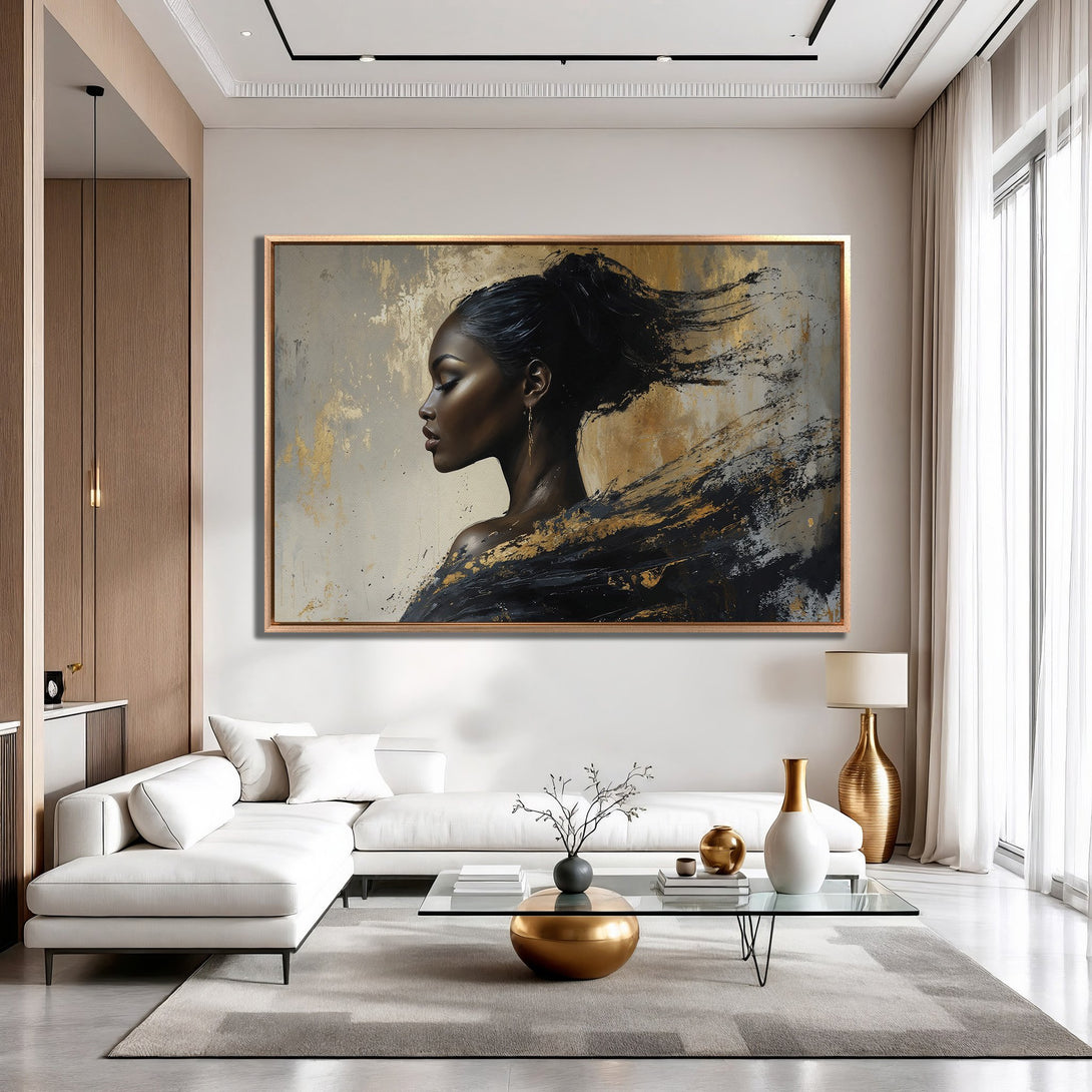 Framed Wall Art featuring an abstract portrait of a woman. Modern style with a black, gold, and neutral color palette. Perfect for living room decor.