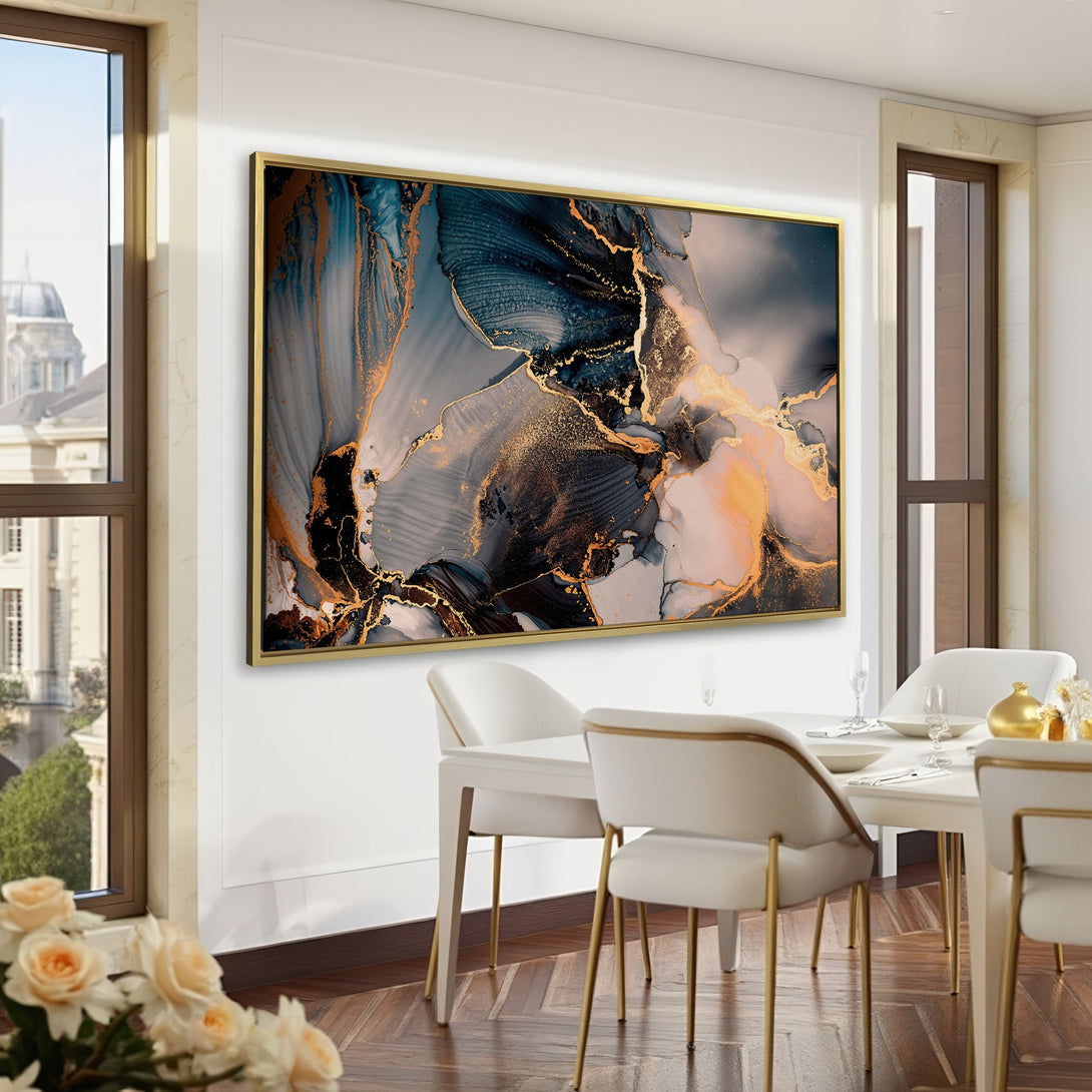 Abstract Canvas Print in a luxurious interior. Features a modern, fluid design with gold accents on a dark, moody color palette. Perfect wall art!