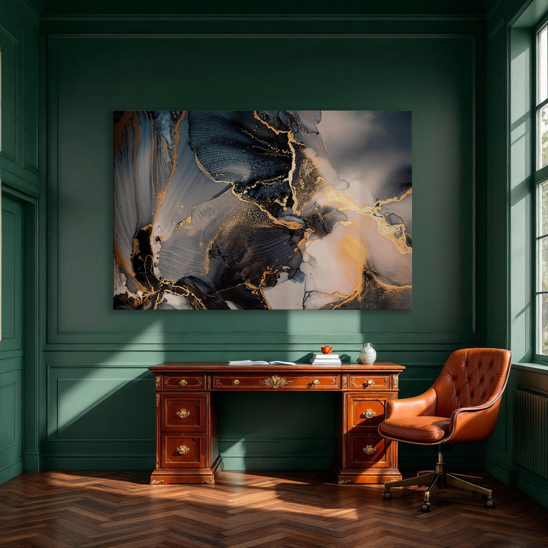 Framed Wall Art: Abstract art Canvas Print with gold, teal, and gray tones. Modern art for home decor in a dining room setting.