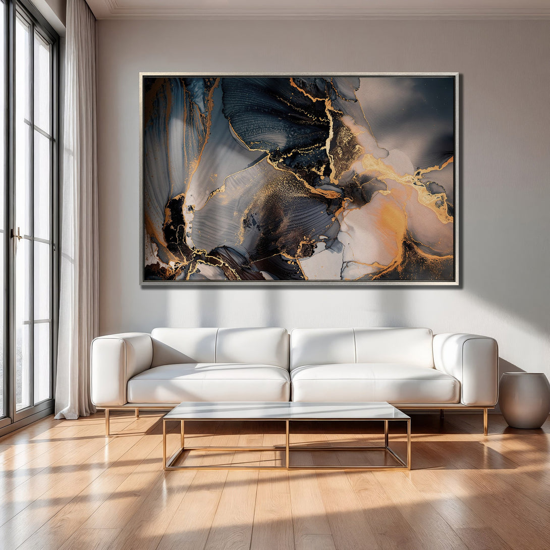 Framed Wall Art: Abstract fluid art Canvas Print in navy, gold, and peach tones. Modern wall decor for living room. Elevate your space!