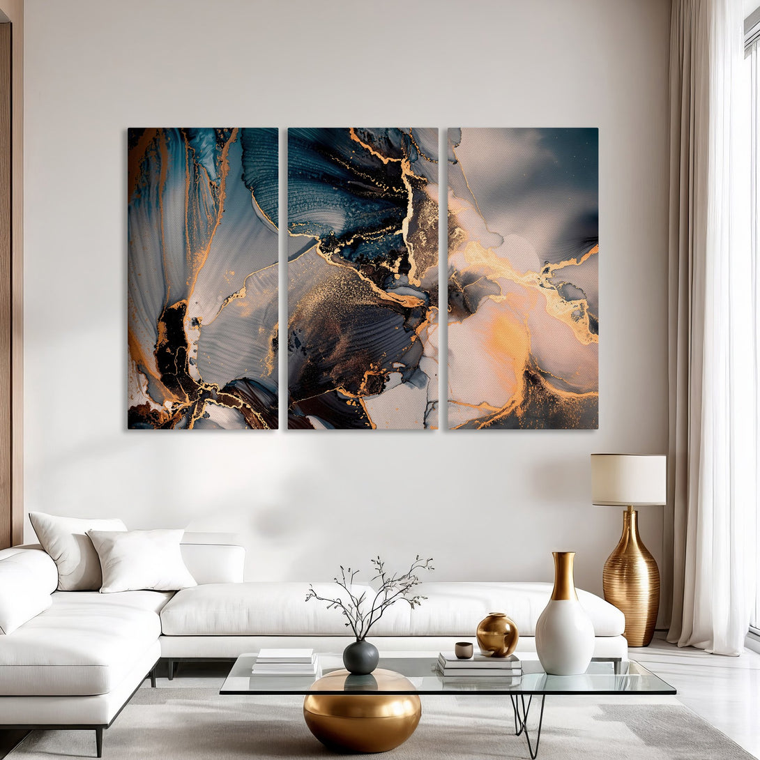 Abstract Canvas Print art in a modern interior. Features a blue, gold, and gray color palette, perfect for adding a touch of elegance.