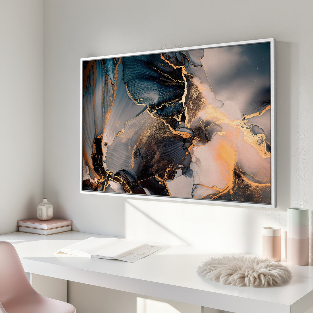 Framed Wall Art: Abstract gold, navy, and blush Canvas Print. Modern art for home decor. Elevate your space with this stunning piece.