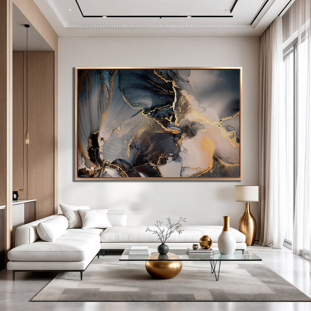 Framed Wall Art: Abstract gold, blue, and peach Canvas Print. Modern art piece adds elegance to any living room. Shop now for stunning wall decor!
