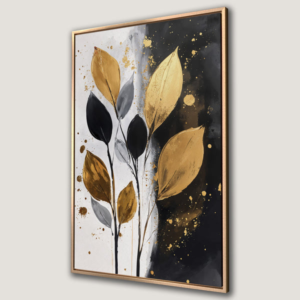 Framed Wall Art featuring abstract gold, black, and white leaves. Modern canvas print for home decor. Add a touch of elegance to your space!
