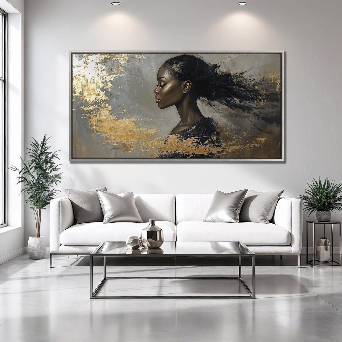 Framed Wall Art: Abstract portrait of a woman in gold and gray tones. Modern art for your home decor. Elevate your space with this canvas print.