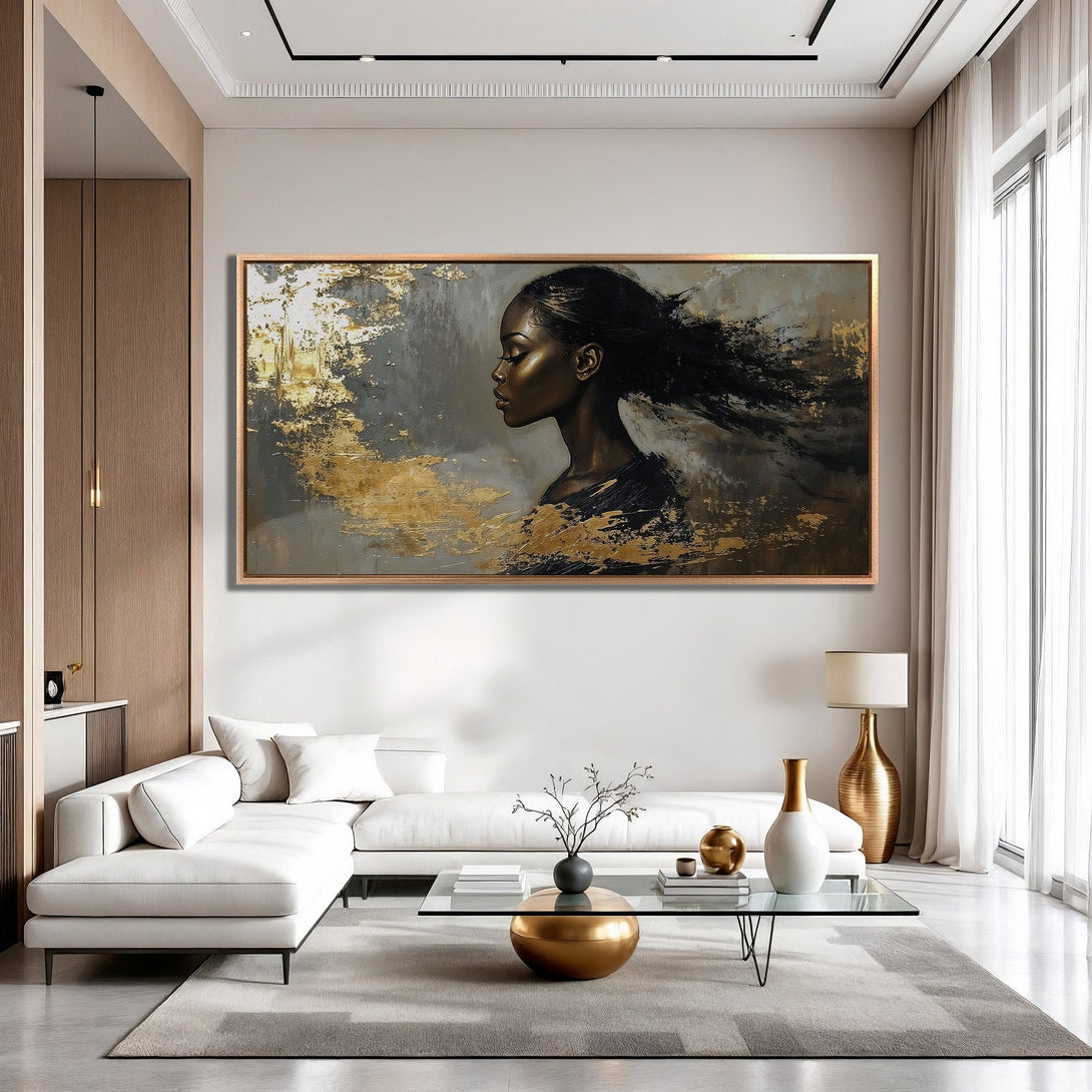 Framed Wall Art featuring an elegant woman in profile, abstract style with gold and gray tones, perfect for modern interior decor.