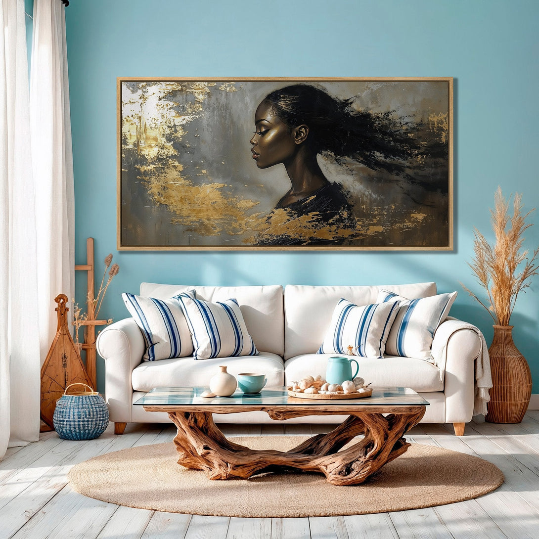 Framed Wall Art: Elegant woman portrait in gold, black, and gray tones. Modern Canvas Print adds sophistication to any interior.