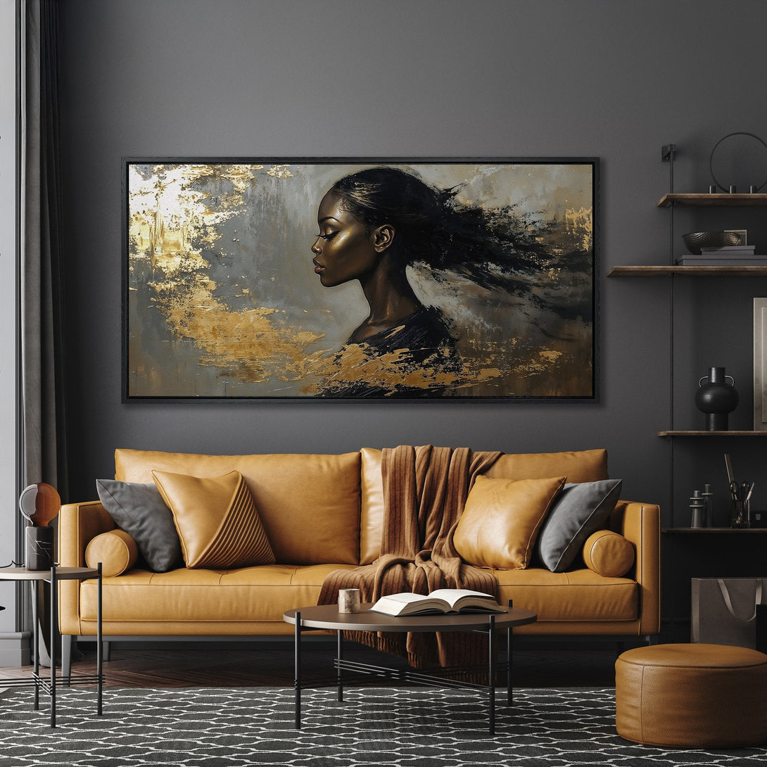 Framed Wall Art of a woman's portrait in an abstract style with gold and gray tones, adding a touch of elegance to any space.