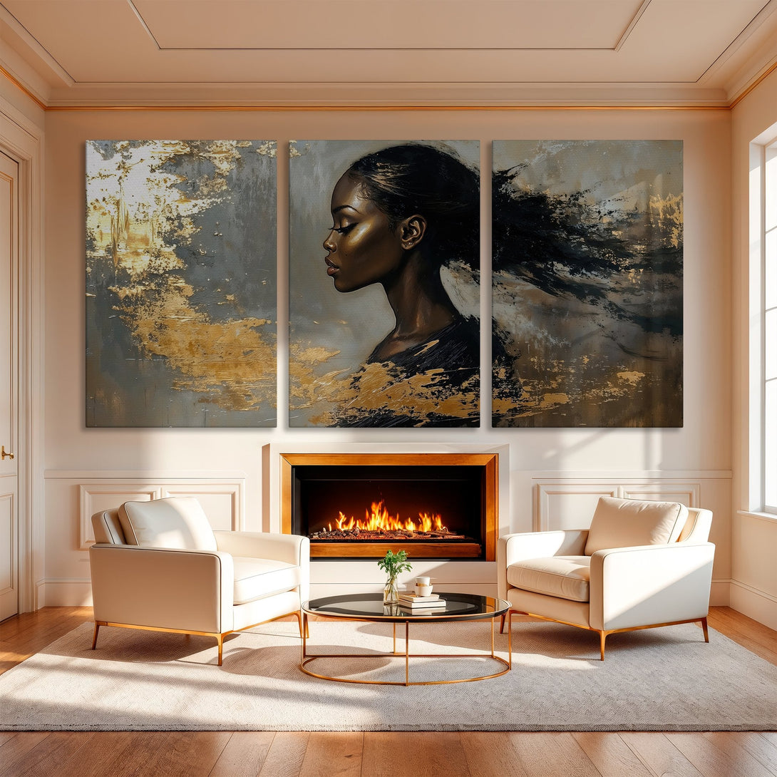 Canvas Print of a Black woman in profile, abstract style, gold and gray color palette, perfect for modern home decor.