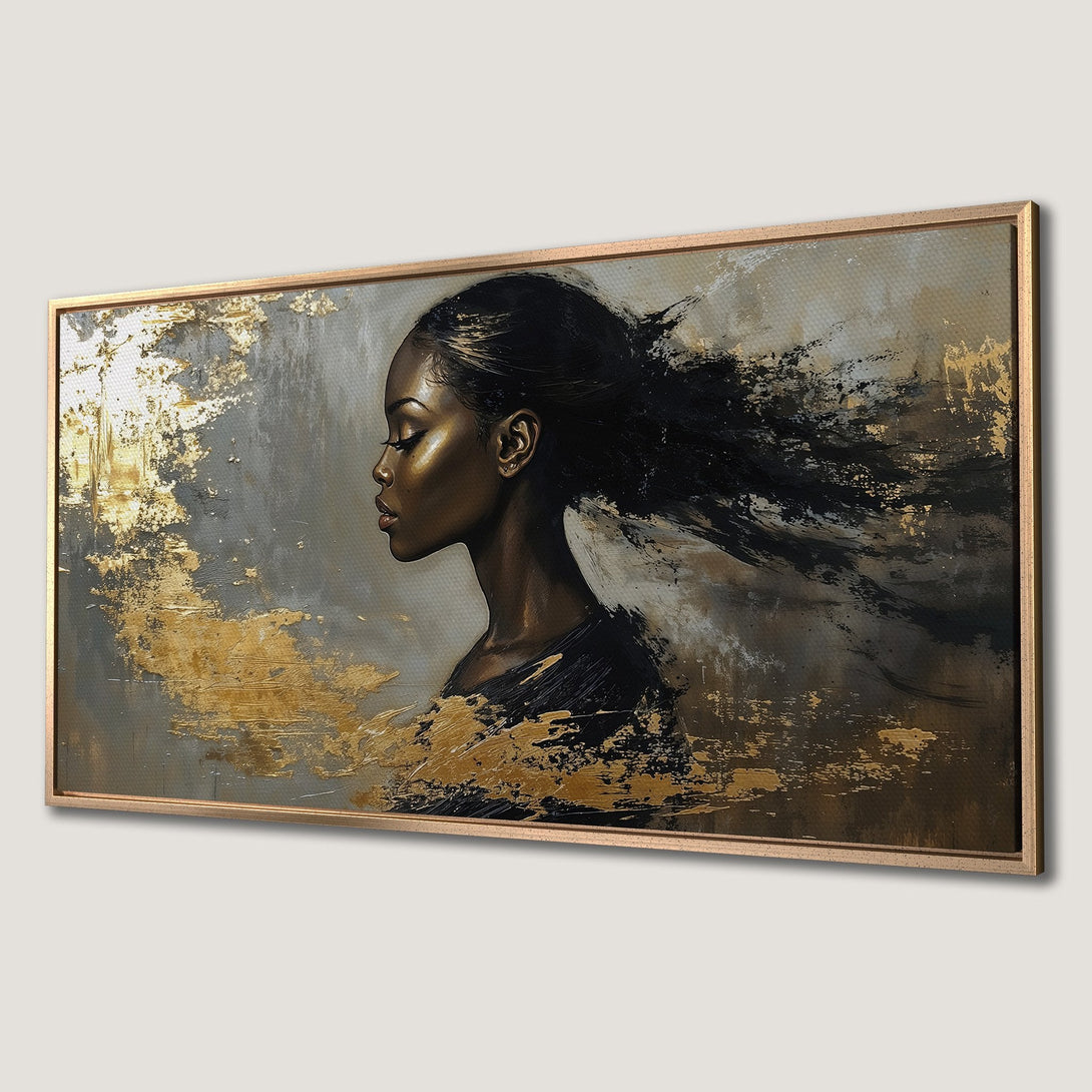 Framed Wall Art of an elegant woman in profile, abstract style, with gold, black, and gray tones. Perfect for adding a touch of luxury.