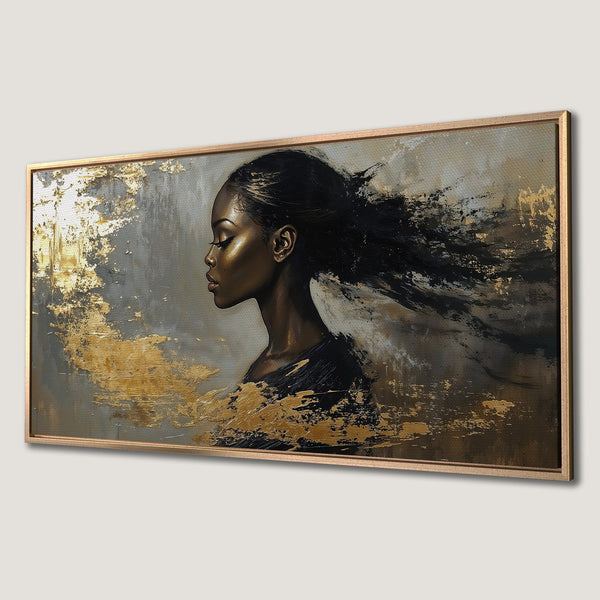 Framed Wall Art of an elegant woman in profile, abstract style, with gold, black, and gray tones. Perfect for adding a touch of luxury.