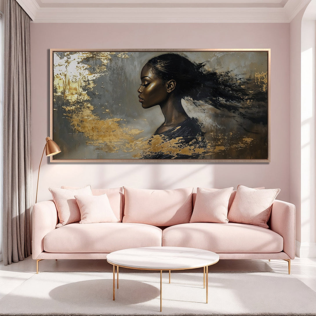 Framed Wall Art: Abstract portrait of a woman with gold accents, displayed in a modern living room with a blush and gold color palette.