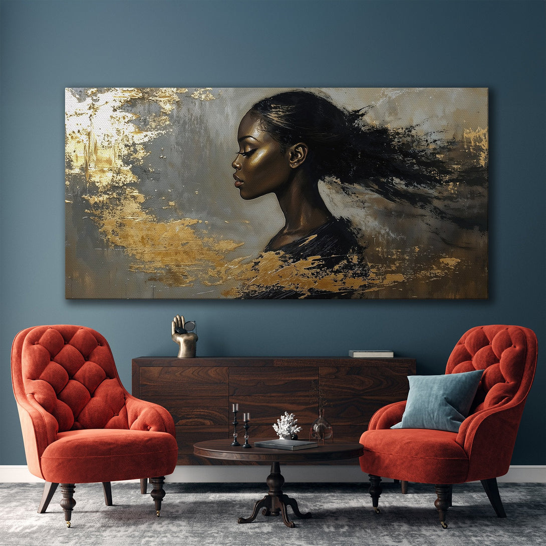 Framed Wall Art: Elegant portrait Canvas Print of a woman with flowing hair, featuring a gold, gray, and black color palette, perfect for modern interiors.