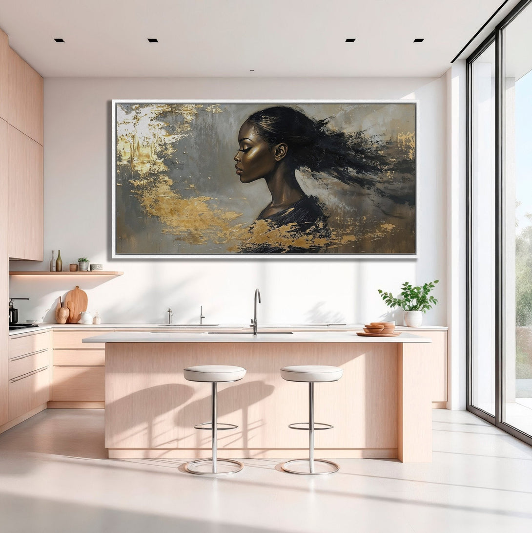 Framed Wall Art: Abstract portrait of a woman in gold and gray tones. Modern art canvas print adds elegance to any interior.