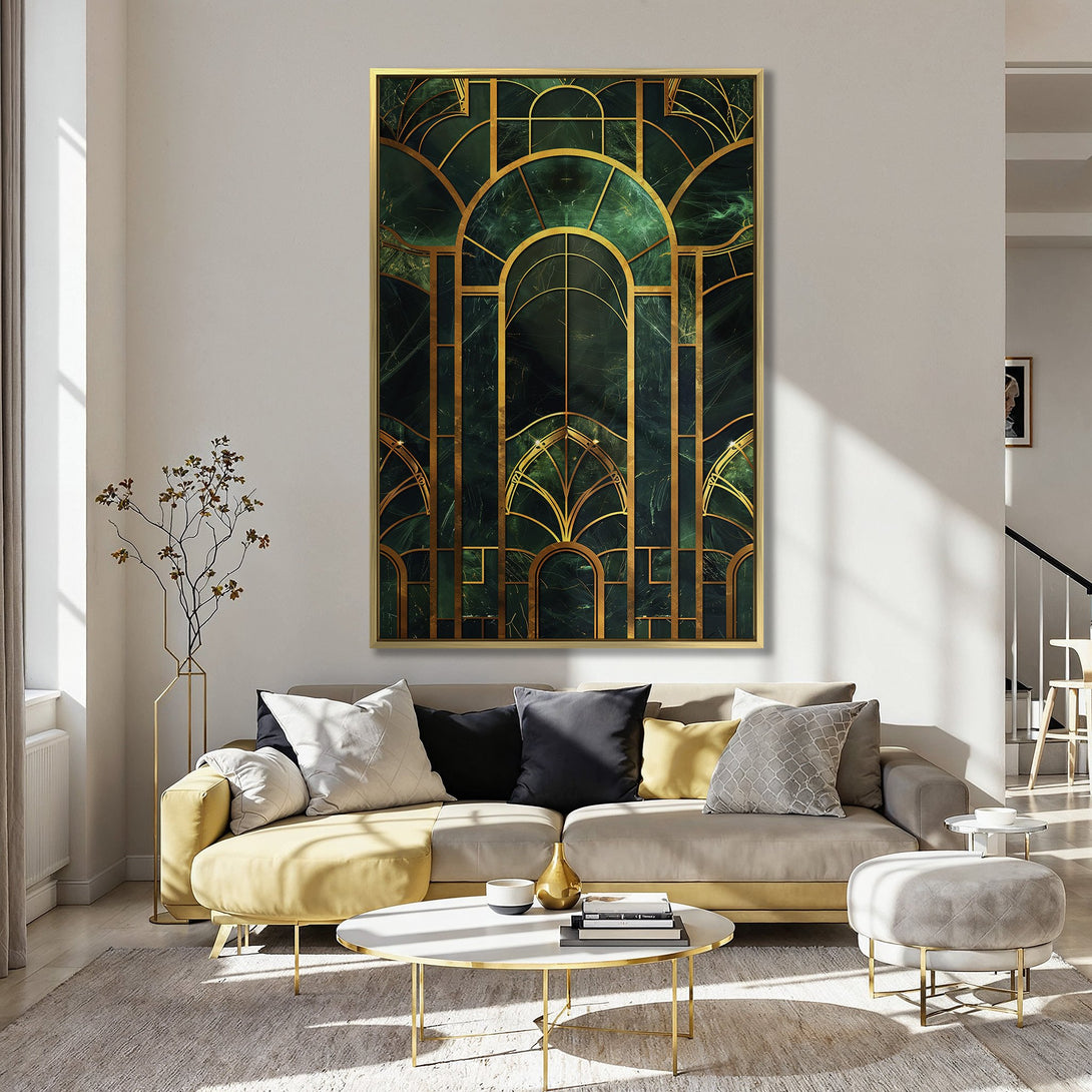 Canvas Print: Art Deco-inspired wall art in emerald green and gold, adding a touch of luxury to any space. Perfect for a stylish home!