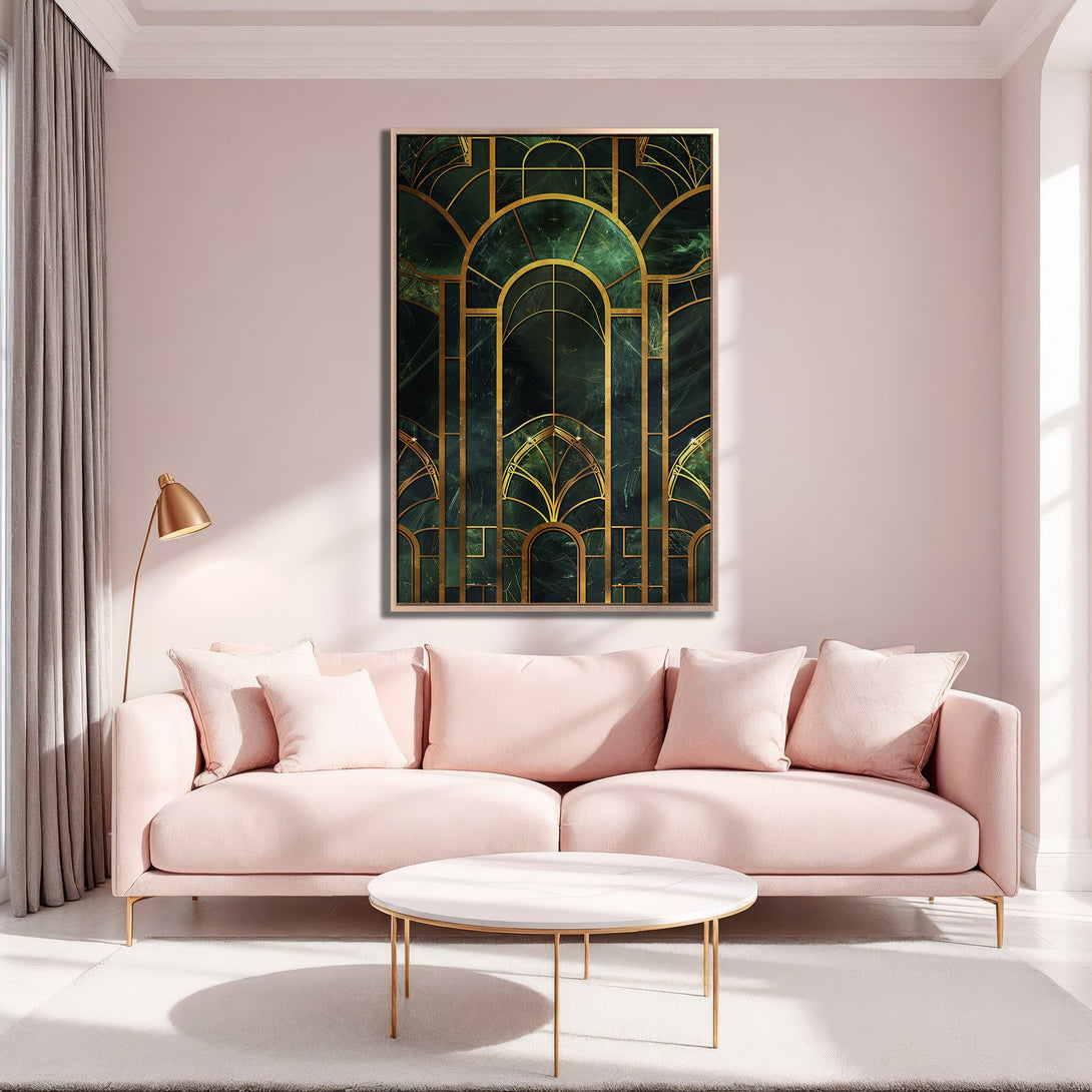 Framed Wall Art featuring an Art Deco design in emerald green and gold, displayed in a stylish pink living room. Elevate your space with this stunning Canvas Print!