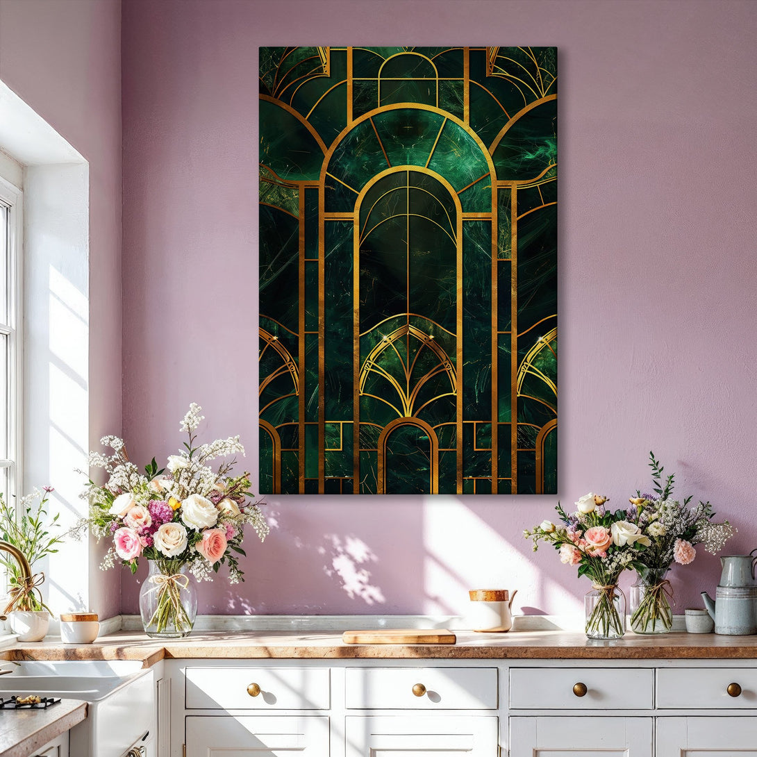 Framed Wall Art: Art Deco style canvas print with emerald green and gold geometric design. Adds a touch of luxury to any living room.