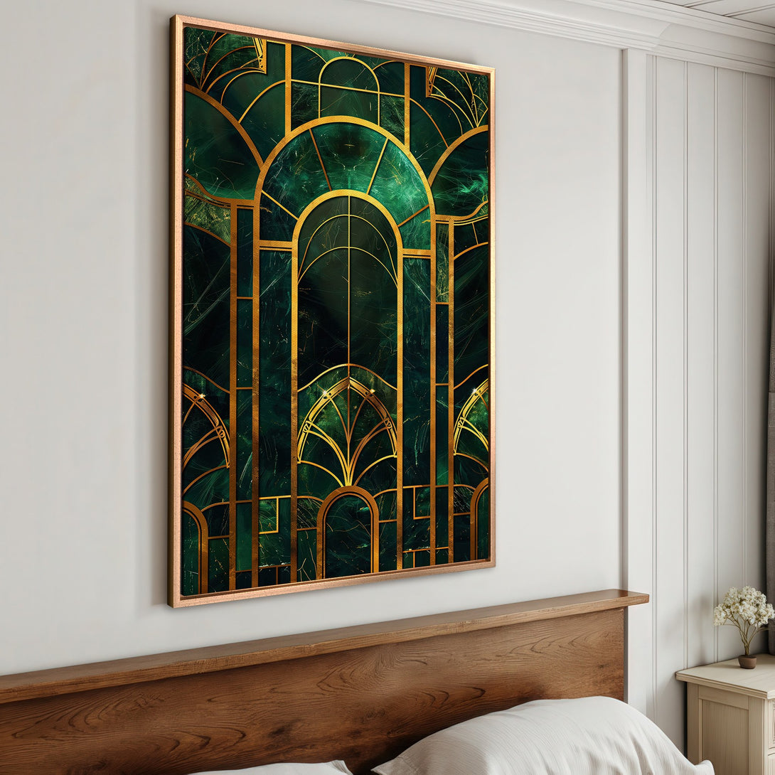 Framed Wall Art: Art Deco style Canvas Print with emerald green and gold geometric design. Perfect bedroom decor, adding a touch of luxury.