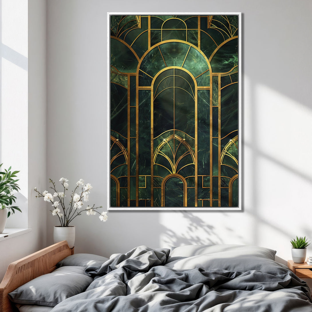 Framed Wall Art: Art Deco style canvas print with emerald green and gold geometric design. Perfect for adding a touch of luxury to your bedroom decor.