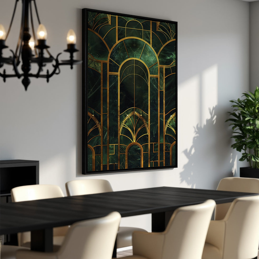 Framed Wall Art: Art Deco style Canvas Print in emerald green and gold. Adds a touch of luxury and sophistication to any interior.