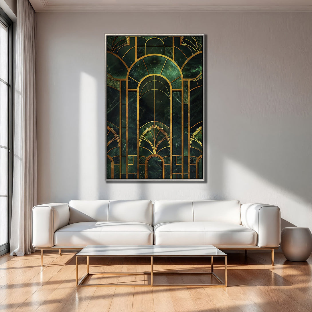 Framed Wall Art: Art Deco style canvas print in emerald green and gold, displayed in a modern living room. Elevate your space with this luxurious artwork.