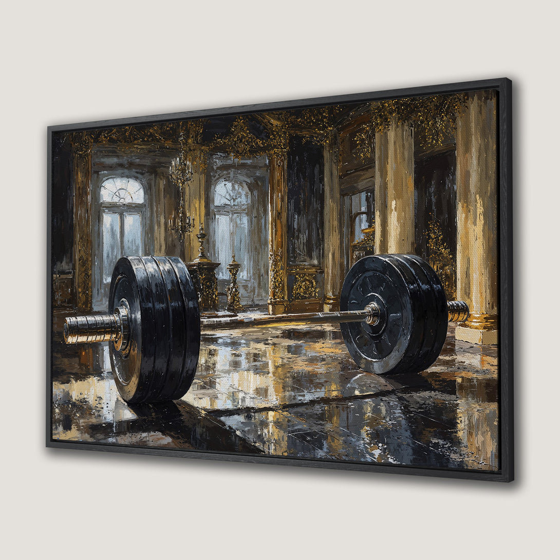 Framed Wall Art: Oil painting of a barbell in a grand hall. Elegant style, gold and black color palette. Perfect for luxury home decor.