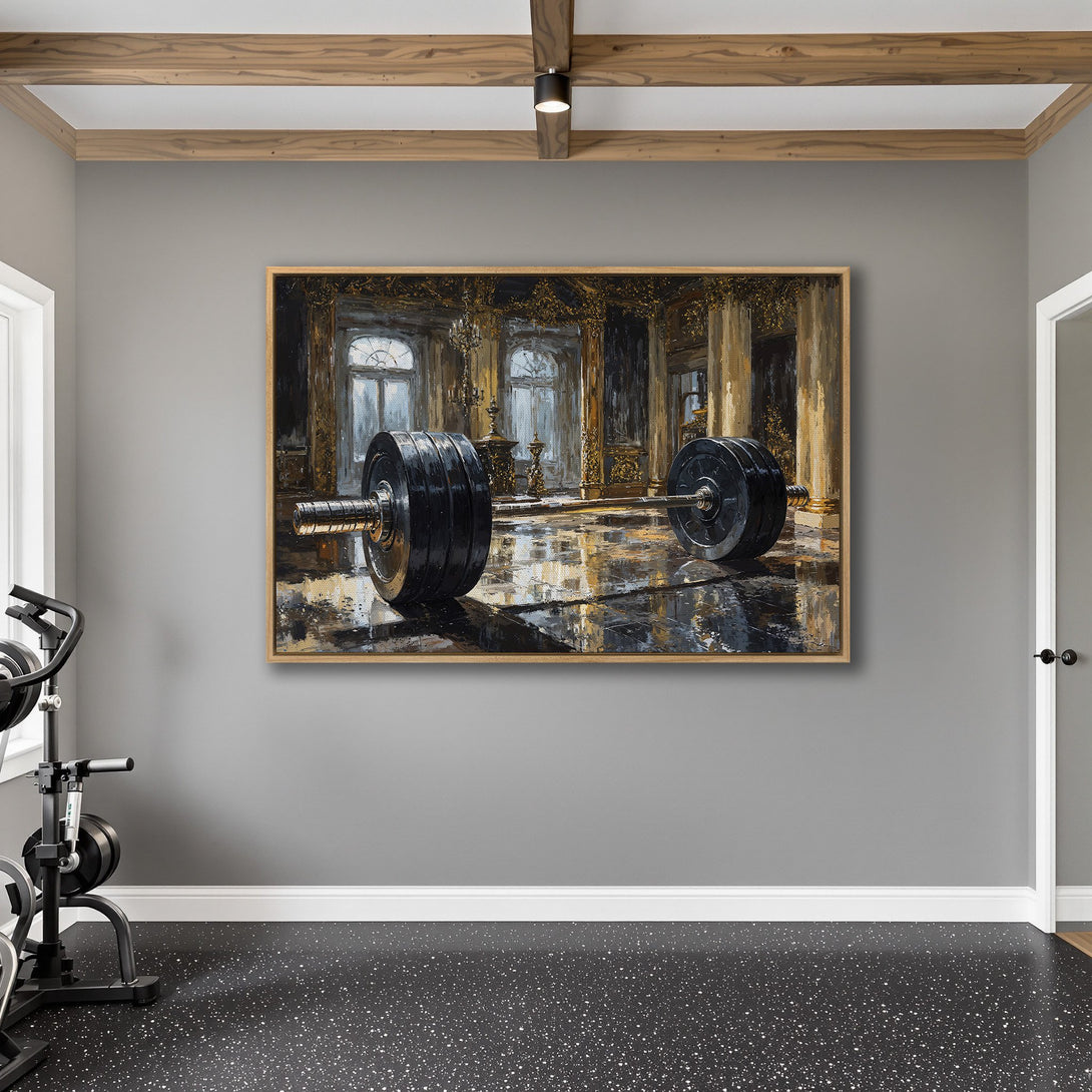 Framed Wall Art: Dramatic oil painting of a barbell in a luxurious setting. Features a gold, black, and gray color palette, perfect for a home gym.