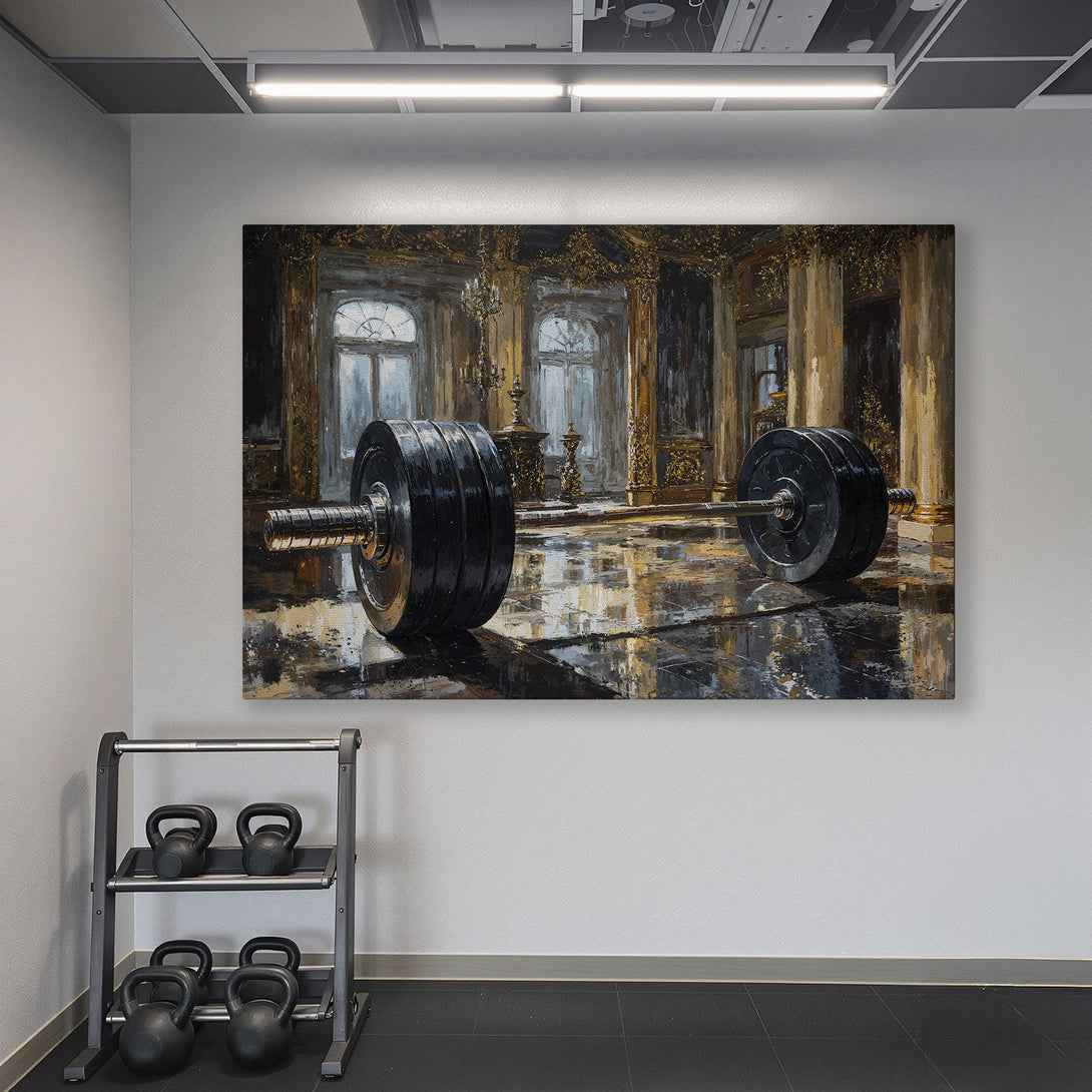 Framed Wall Art Canvas Print of a barbell in a gym setting. Dramatic, impressionistic style with gold, black, and teal color palette. Elevate your space!