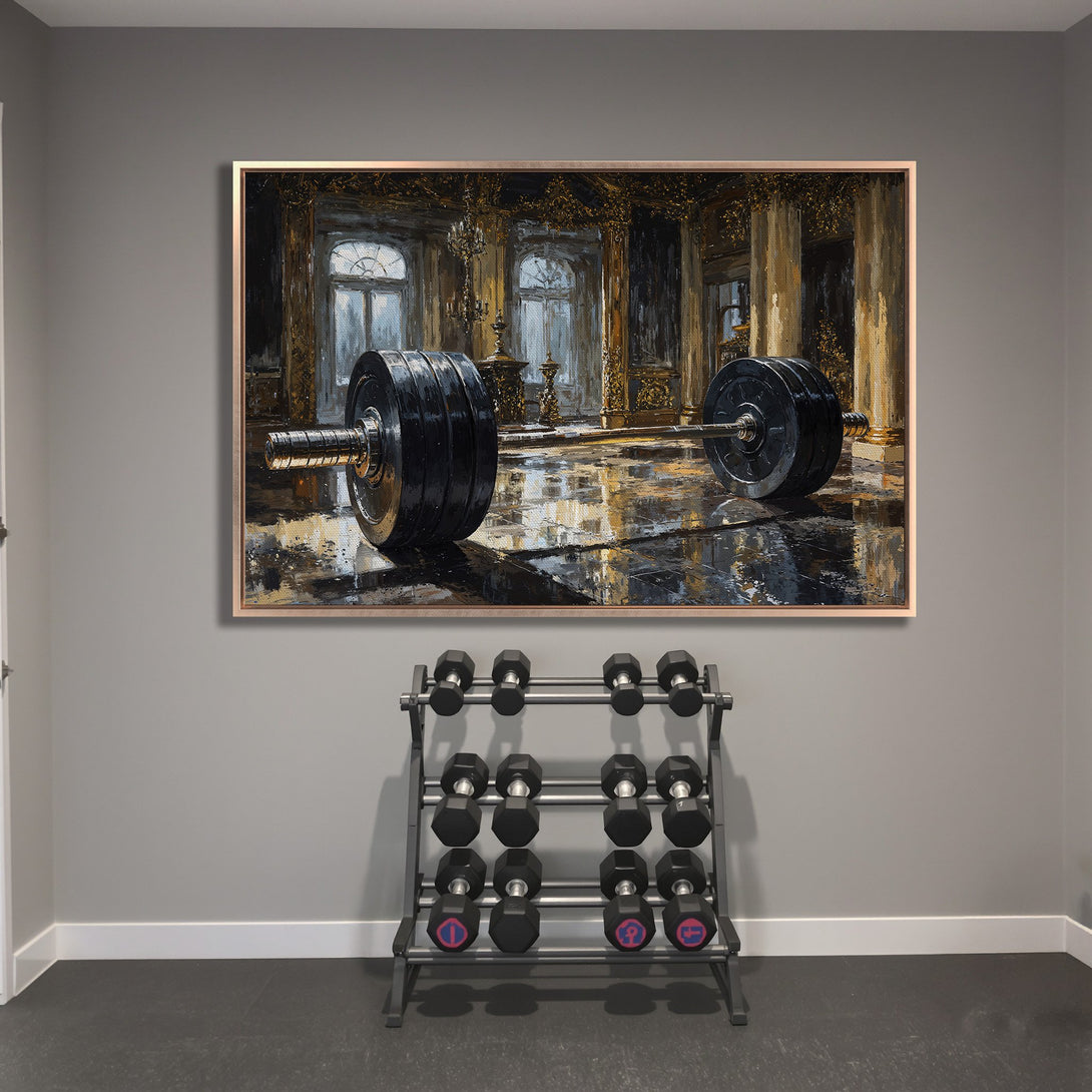 Framed Wall Art: Dramatic barbell painting in a gym setting. Features a dark, moody color palette with gold accents. Perfect for home fitness enthusiasts.