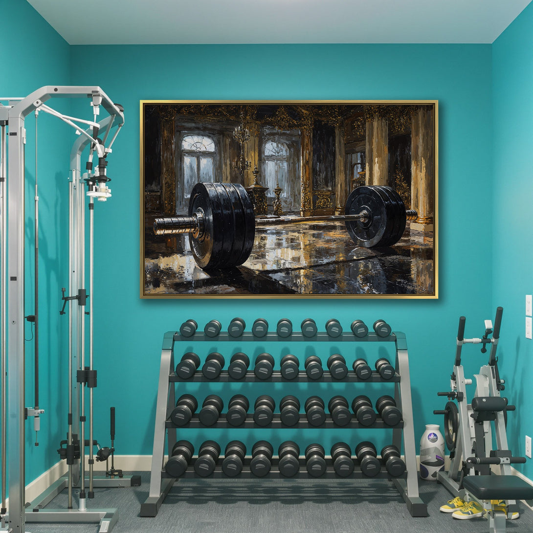 Canvas Print featuring a barbell in a luxurious, painterly style with gold and black tones. Elevate your space with stunning wall art!