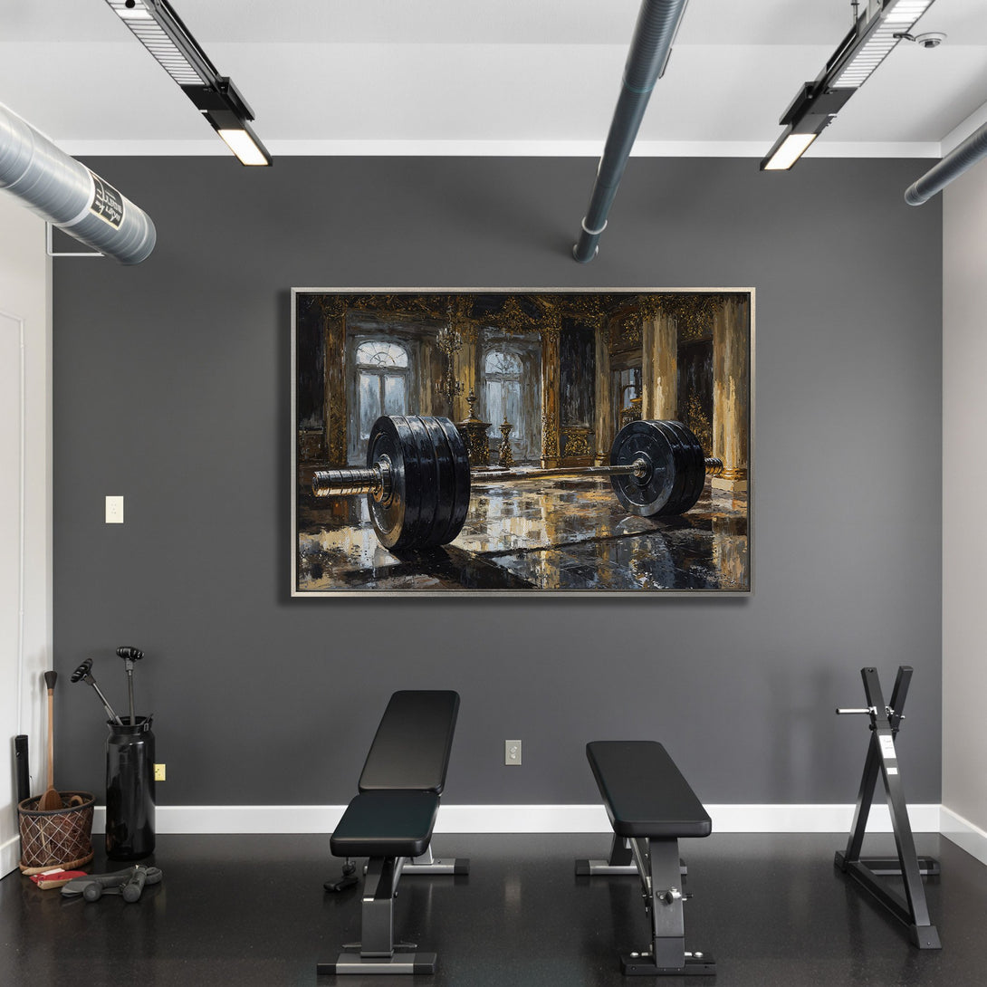 Framed Wall Art: Dramatic gym scene with barbell print in gold and dark tones. Elevate your space with this stylish canvas print.