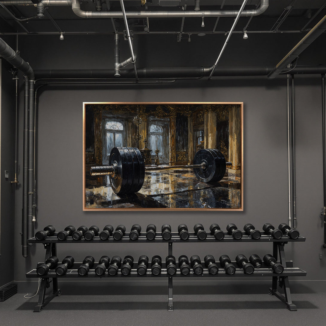 Framed Wall Art featuring a barbell painting in a gym. Dark, moody color palette with gold accents. Elevate your space with this stunning canvas print.