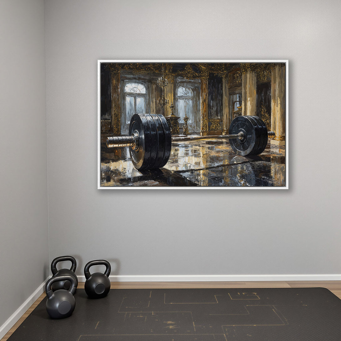 Framed Wall Art: Oil painting of a barbell in a grand room, with a gold and black color palette. Perfect for a home gym or luxury decor.