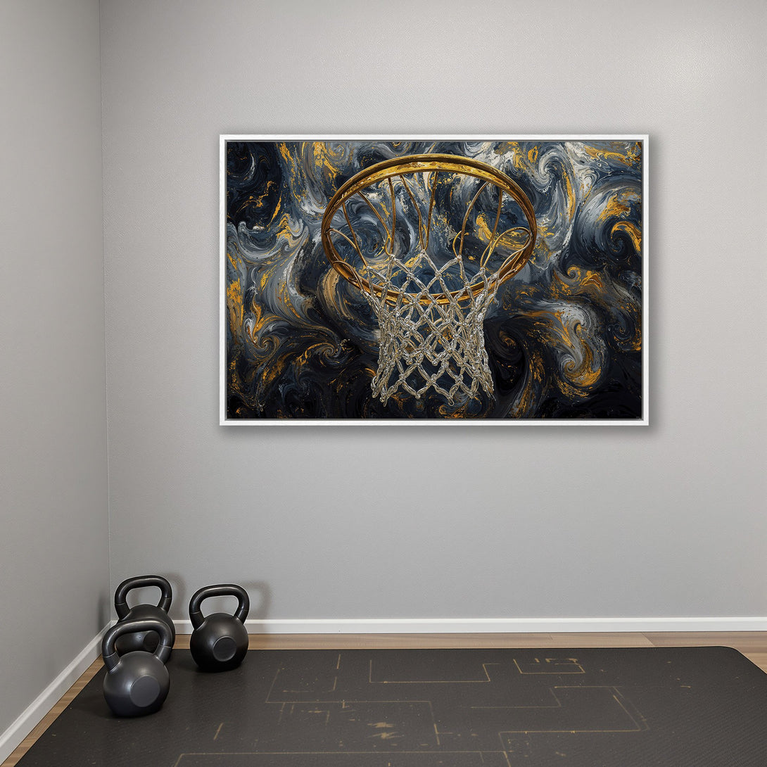 Framed Wall Art featuring a basketball hoop abstract design in navy, gold, and gray. Modern art for home decor.
