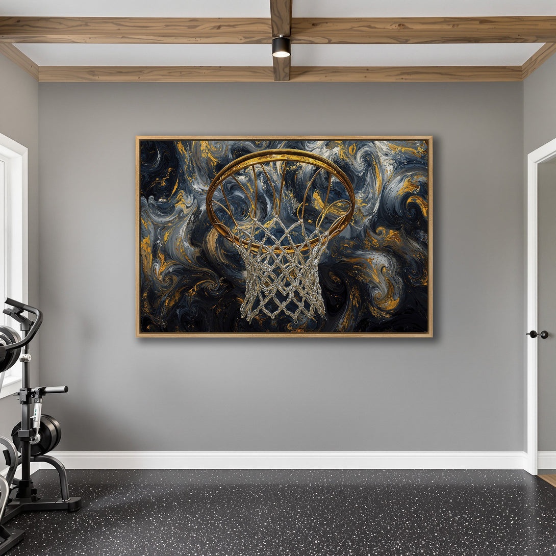 Framed Wall Art: Abstract basketball hoop art in navy, gold, and gray. Modern decor for your home gym or sports-themed space. Shop now!