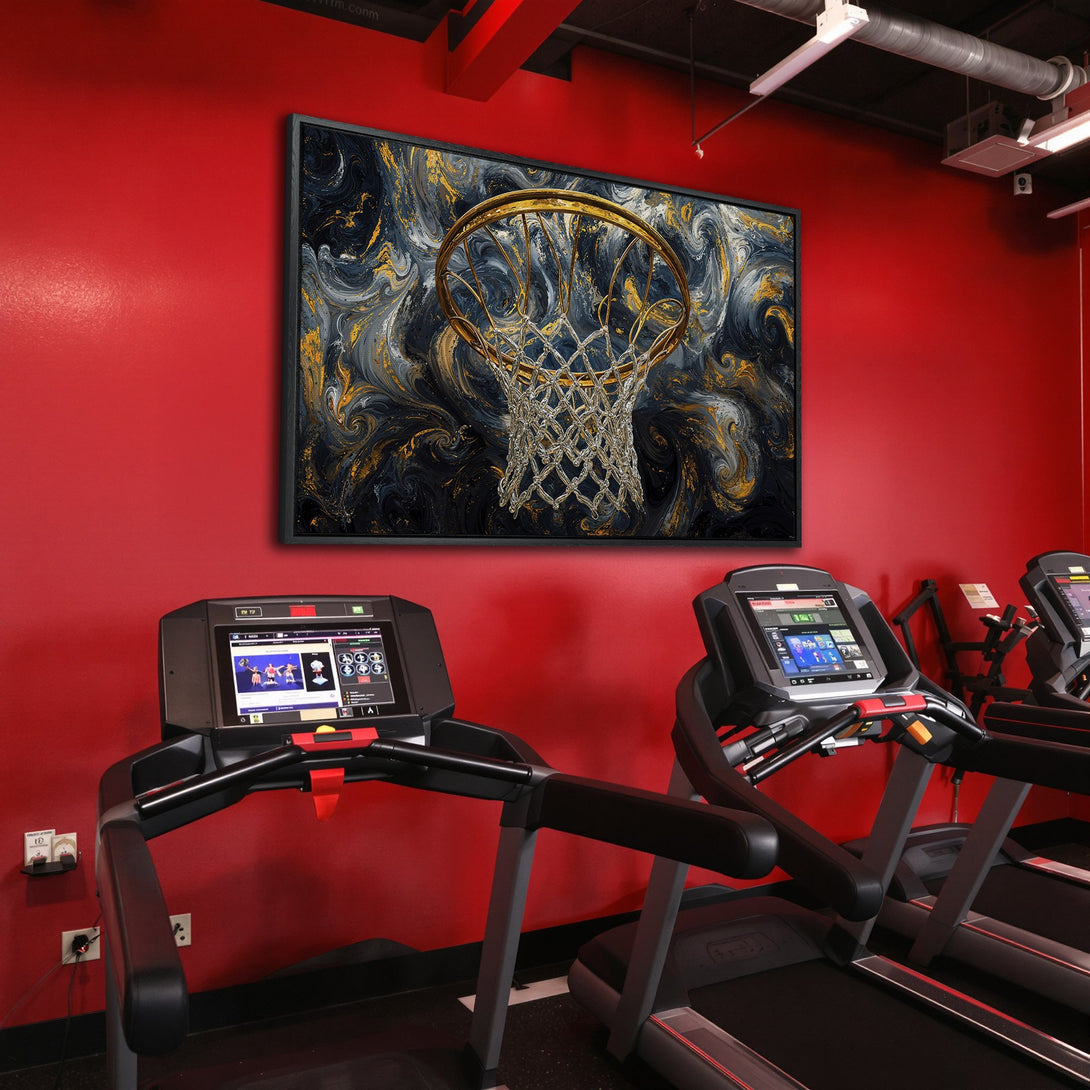 Framed Wall Art featuring a basketball hoop against a swirling abstract background. Modern style with gold, gray, and navy color palette. Perfect for home gyms!