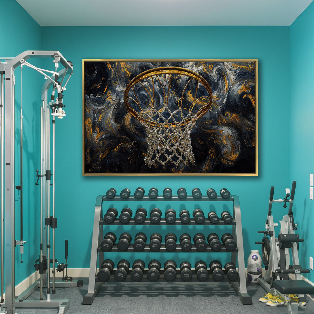 Canvas Print featuring a basketball hoop abstract art in navy, gold, and gray. Modern wall decor for home or gym.
